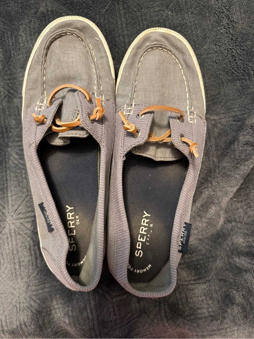Sperry Gray Canvas Boat Shoes with Tan Leather Laces